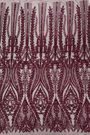 Mermaid Design Fabric - Plum - 4 Way Stretch Sequins Fabric on Lace Mesh Sold By Yard