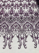 Damask Beaded Glam Fabric - Plum - Embroidery Beaded Fabric with Round Beads Sold By The Yard