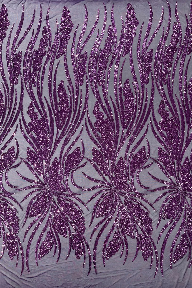 Wavy Leaf Design Fabric - Plum - 4 Way Stretch Sequins Lace Mesh Leaf Design Fabric by Yard