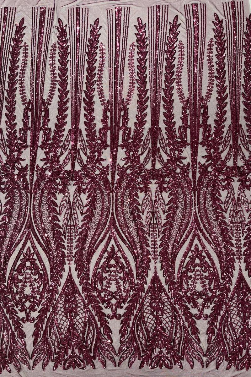 Mermaid Design Fabric - Plum - 4 Way Stretch Sequins Fabric on Lace Mesh Sold By Yard