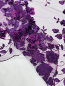 Floral 3D Pearl Fabric - Plum - Embroidered Double Border Flower Design Pearl Fabric By Yard