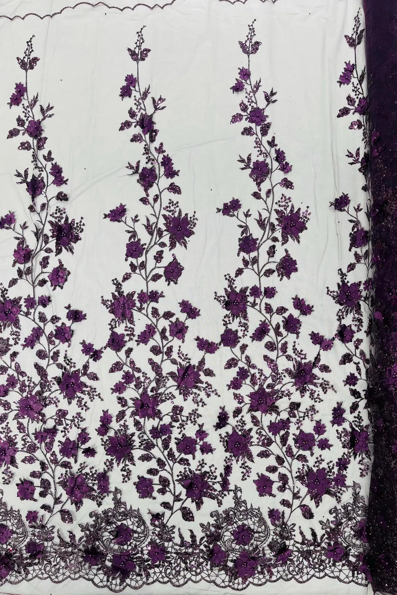 3D Glitter Floral Fabric - Plum - Glitter Sequin Flower Design on Lace Mesh Fabric by Yard