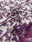 Sequin Lace Floral Fabric - Plum - Flower Embroidered Sequins Lace Fabric Sold By Yard
