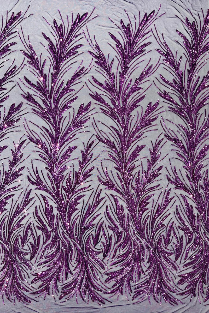 Leaf Stretch Sequins Fabric - Plum - 4 Way Stretch Sequins on Lace Mesh Fabric by Yard