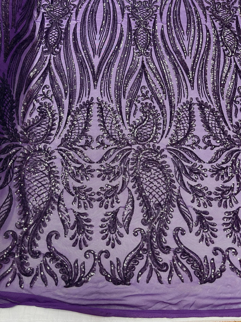 Paisley Lines Sequin Fabric - Plum - 4 Way Stretch Fancy Fabric By The Yard