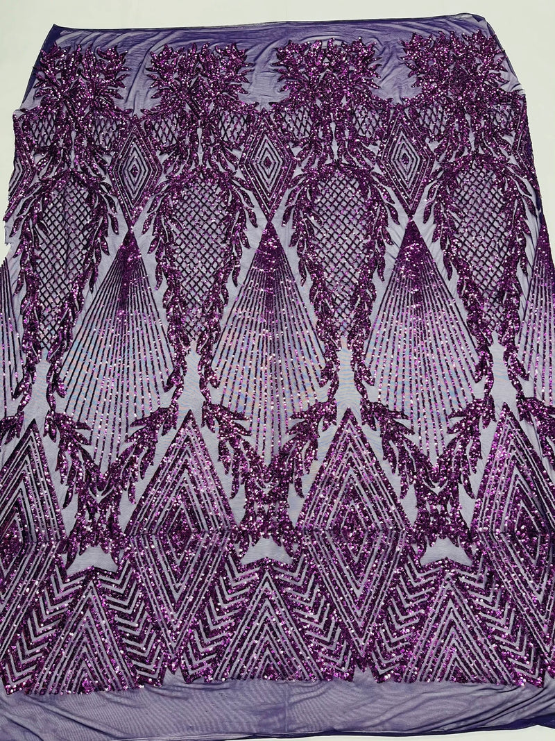 Triangle Pattern Sequins - Plum - 4 Way Stretch Fabric Sequins Geometric Design  By Yard