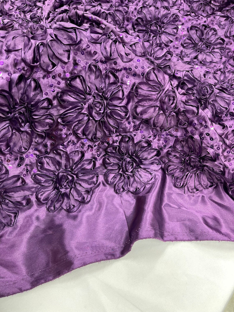 Sequins Satin Rosette Fabric - Plum - 3D Satin Rose Sequins Floral Fabric Sold By The Yard