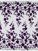 Floral 3D Pearl Fabric - Plum - Embroidered Double Border Flower Design Pearl Fabric By Yard