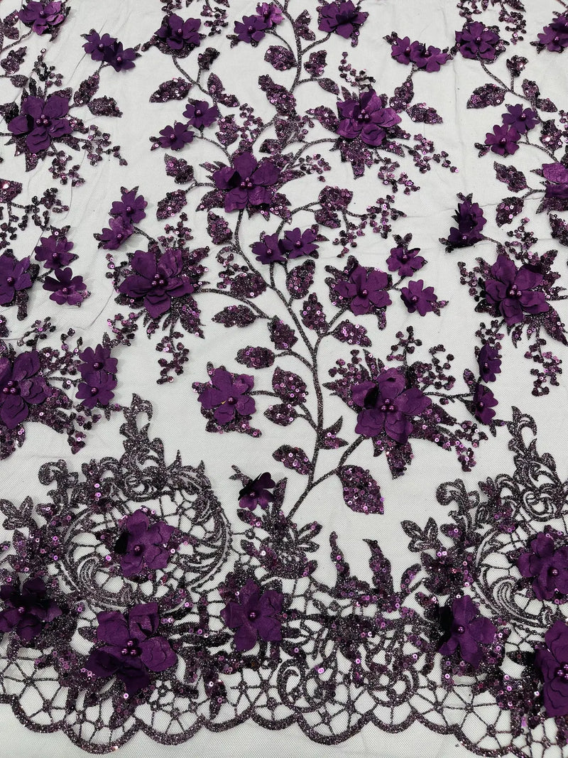 3D Glitter Floral Fabric - Plum - Glitter Sequin Flower Design on Lace Mesh Fabric by Yard