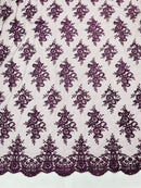 Floral Bridal Lace - Plum - Flower Damask Design Embroidered on Mesh Lace Fabric