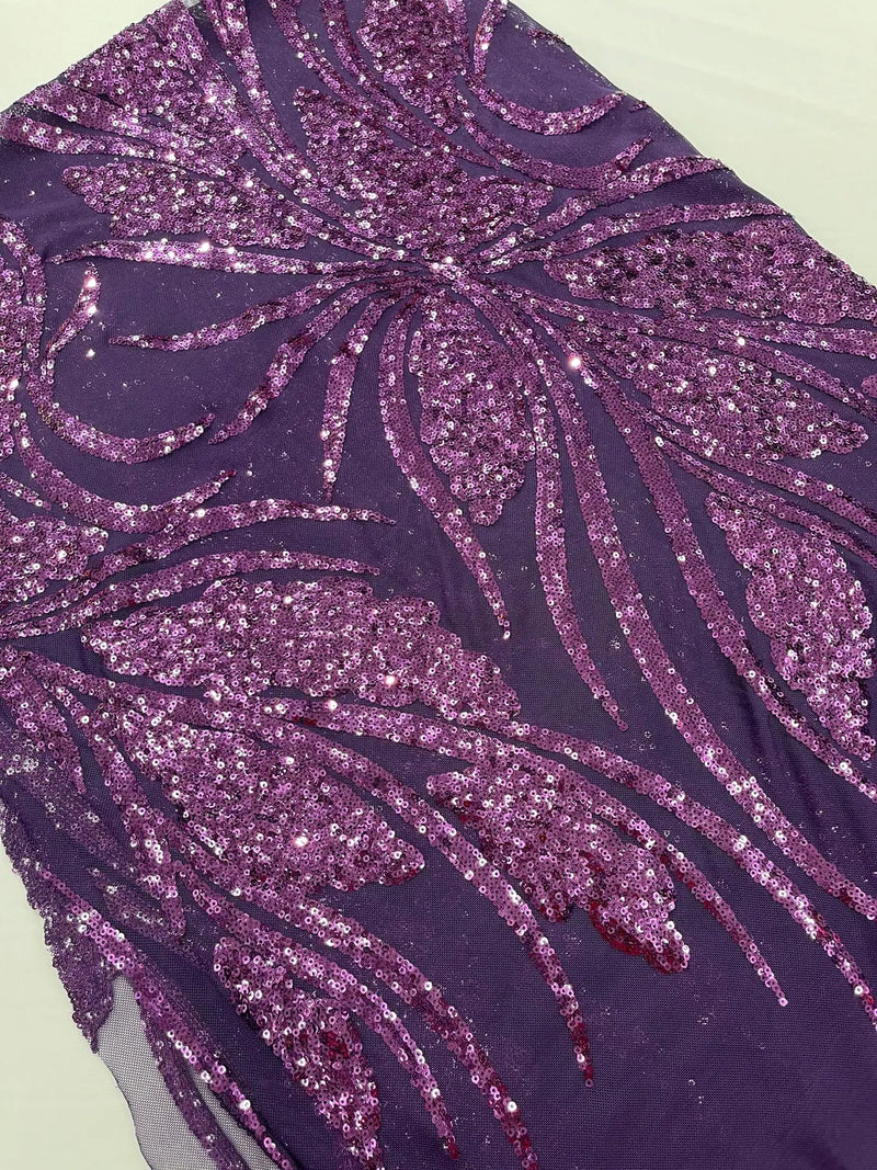 Wavy Leaf Design Fabric - Plum - 4 Way Stretch Sequins Lace Mesh Leaf Design Fabric by Yard