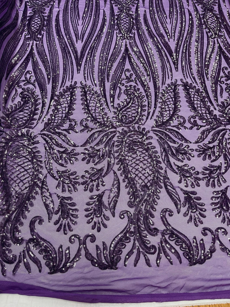 Paisley Lines Sequin Fabric - Plum - 4 Way Stretch Fancy Fabric By The Yard