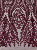 Mermaid Design Fabric - Plum - 4 Way Stretch Sequins Fabric on Lace Mesh Sold By Yard