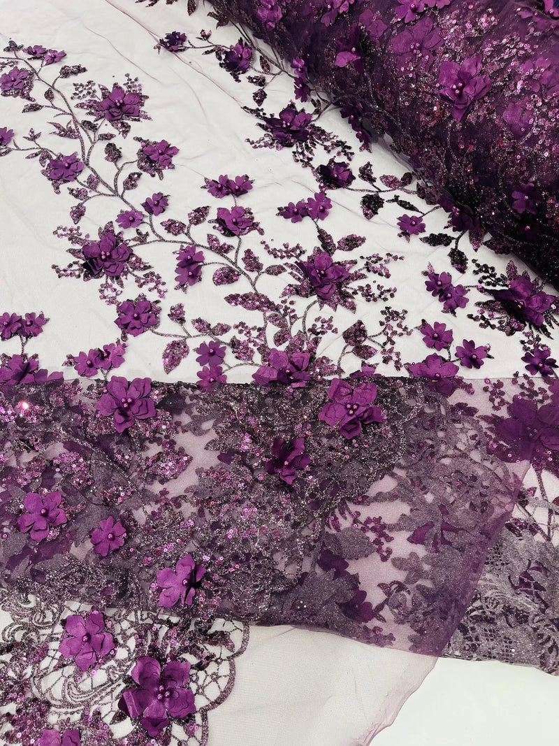 3D Glitter Floral Fabric - Plum - Glitter Sequin Flower Design on Lace Mesh Fabric by Yard