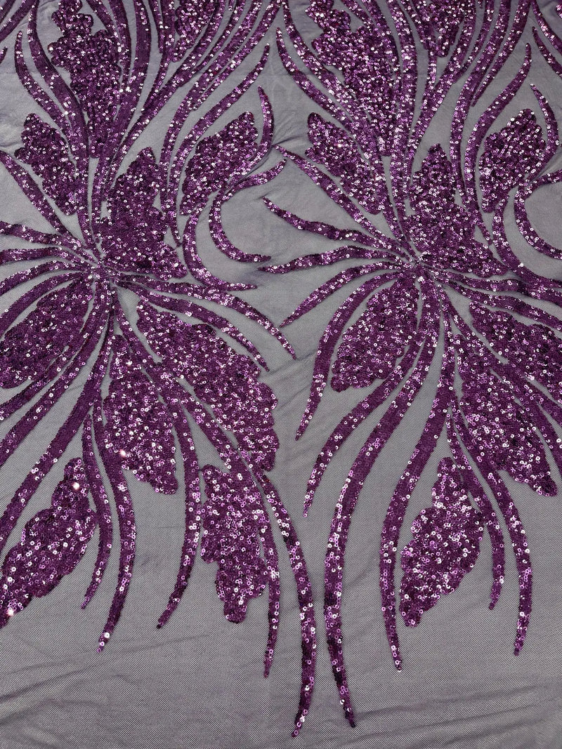 Wavy Leaf Design Fabric - Plum - 4 Way Stretch Sequins Lace Mesh Leaf Design Fabric by Yard