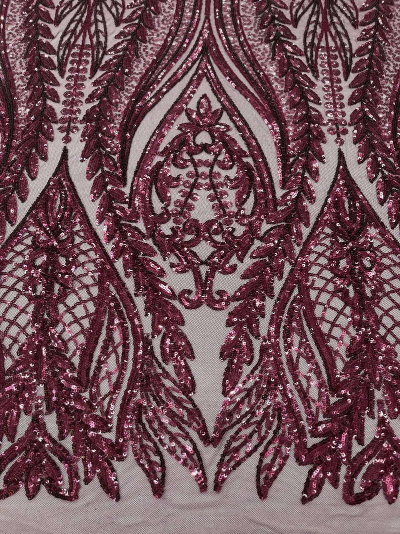 Mermaid Design Fabric - Plum - 4 Way Stretch Sequins Fabric on Lace Mesh Sold By Yard