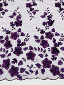Floral 3D Pearl Fabric - Plum - Embroidered Double Border Flower Design Pearl Fabric By Yard