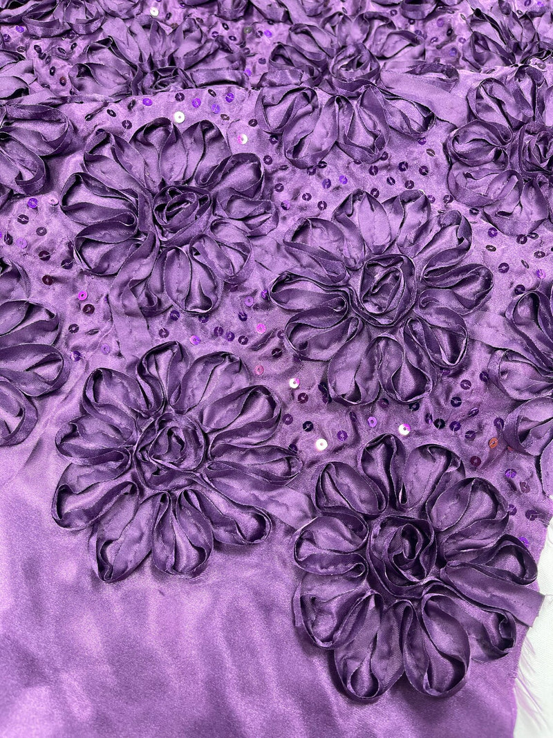 Sequins Satin Rosette Fabric - Plum - 3D Satin Rose Sequins Floral Fabric Sold By The Yard