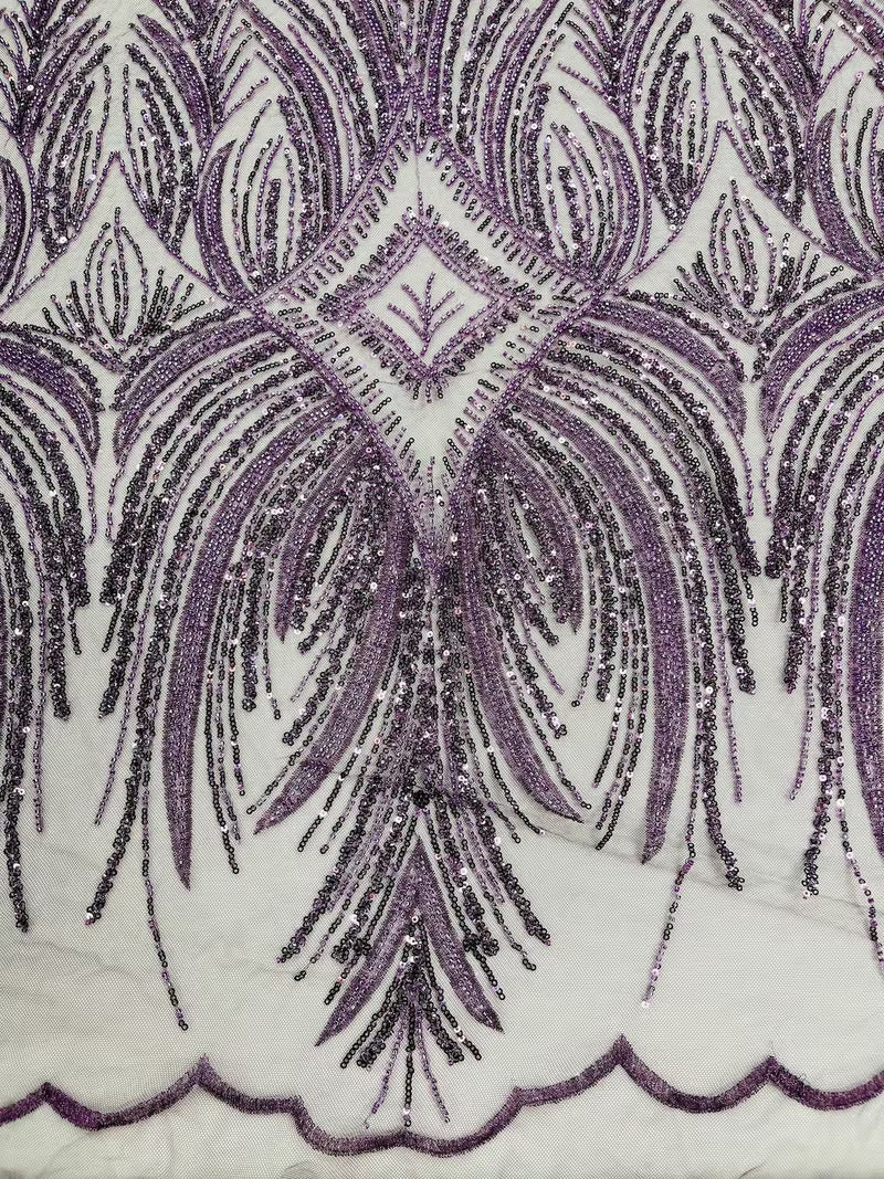 Beaded Line Fabric - Plum - Luxury Bridal Line Pattern Fabric With Beads, Sequins Sold By Yard