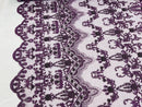 Damask Beaded Glam Fabric - Plum - Embroidery Beaded Fabric with Round Beads Sold By The Yard