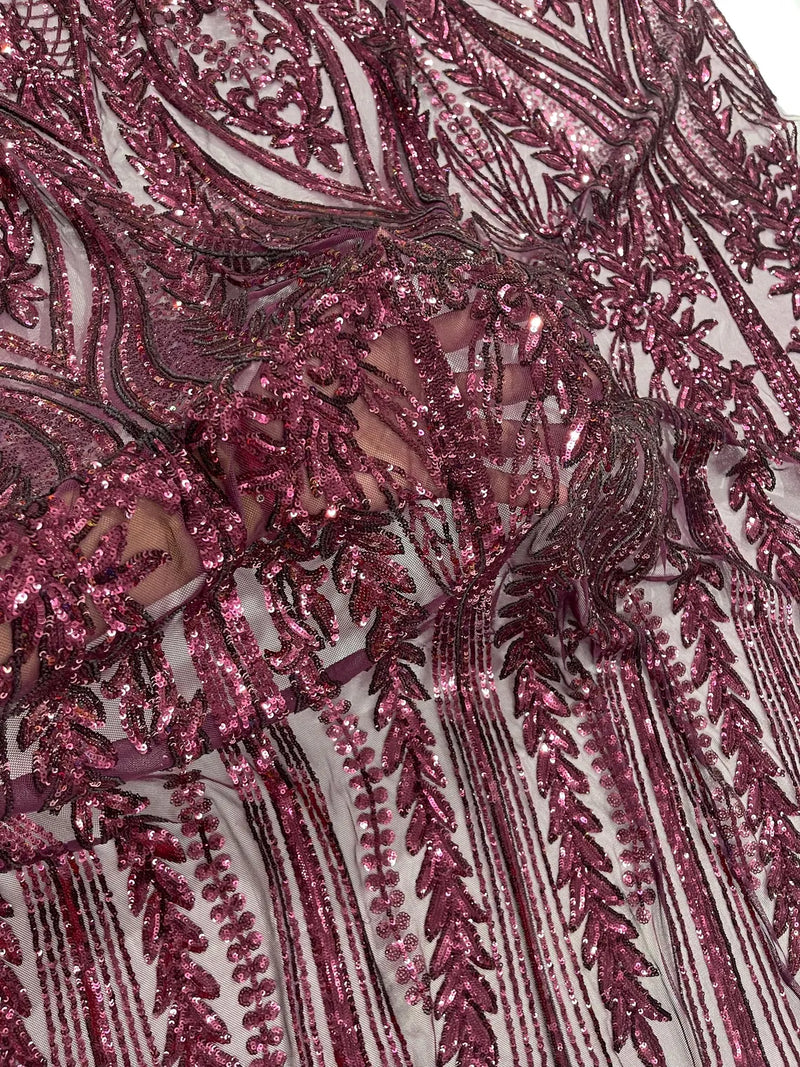 Mermaid Design Fabric - Plum - 4 Way Stretch Sequins Fabric on Lace Mesh Sold By Yard