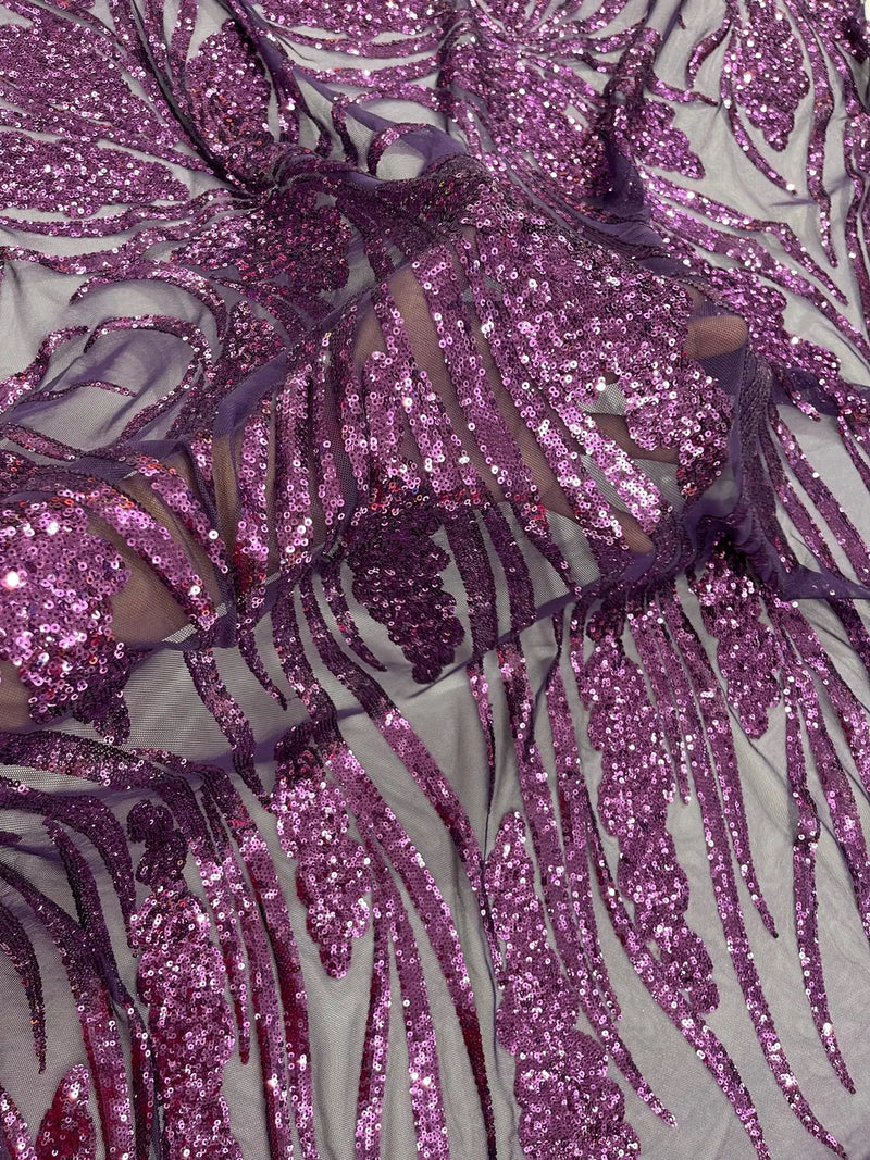 Wavy Leaf Design Fabric - Plum - 4 Way Stretch Sequins Lace Mesh Leaf Design Fabric by Yard