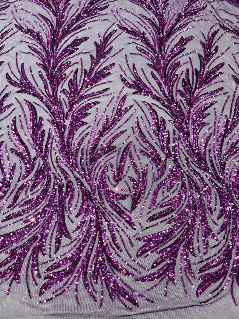 Leaf Stretch Sequins Fabric - Plum - 4 Way Stretch Sequins on Lace Mesh Fabric by Yard