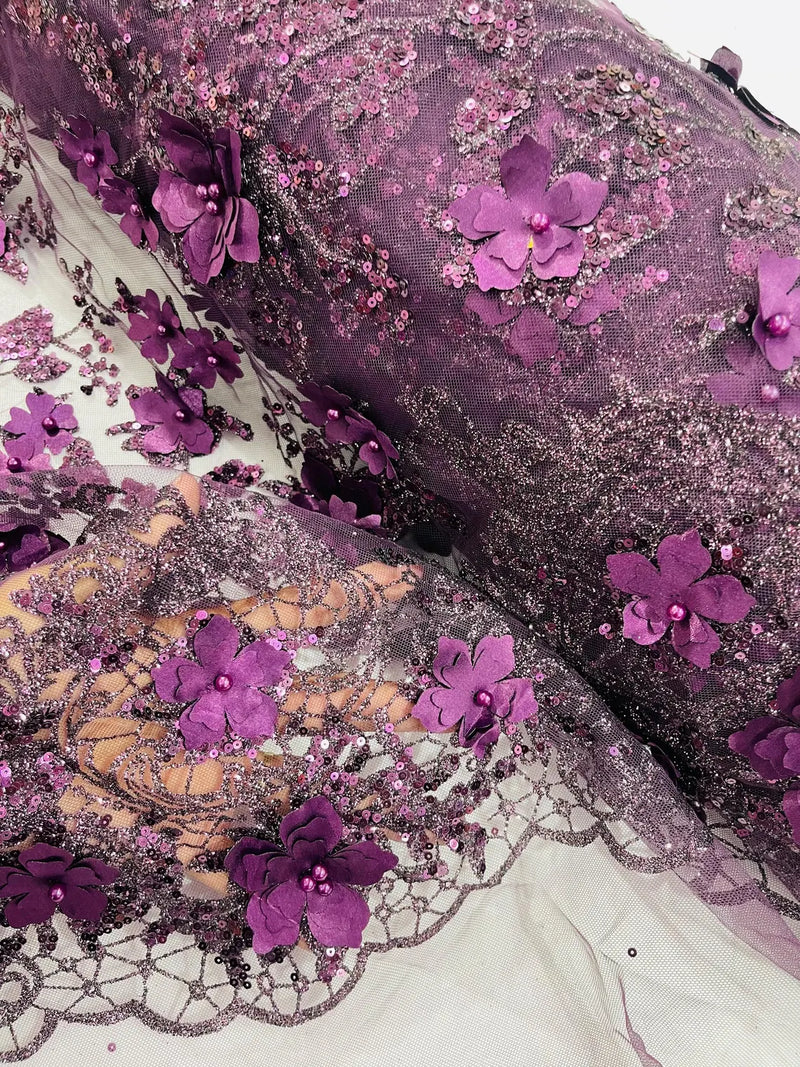 3D Glitter Floral Fabric - Plum - Glitter Sequin Flower Design on Lace Mesh Fabric by Yard