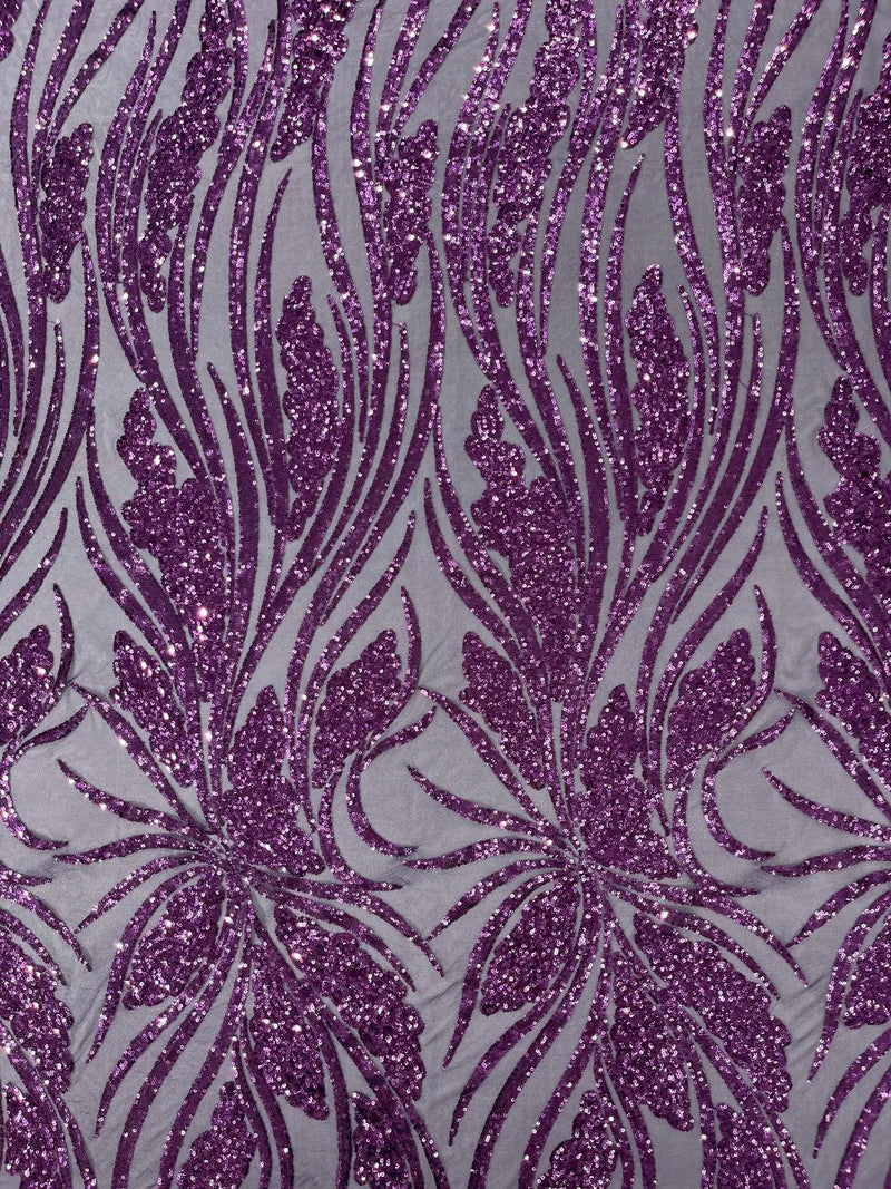 Wavy Leaf Design Fabric - Plum - 4 Way Stretch Sequins Lace Mesh Leaf Design Fabric by Yard