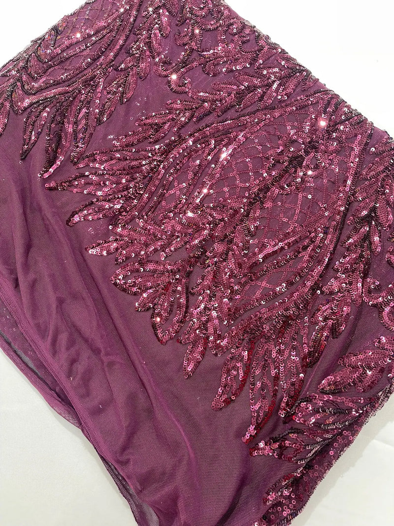 Mermaid Design Fabric - Plum - 4 Way Stretch Sequins Fabric on Lace Mesh Sold By Yard