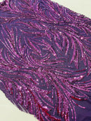 Leaf Stretch Sequins Fabric - Plum - 4 Way Stretch Sequins on Lace Mesh Fabric by Yard