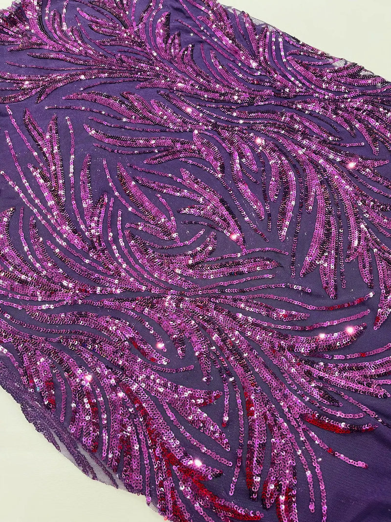 Leaf Stretch Sequins Fabric - Plum - 4 Way Stretch Sequins on Lace Mesh Fabric by Yard