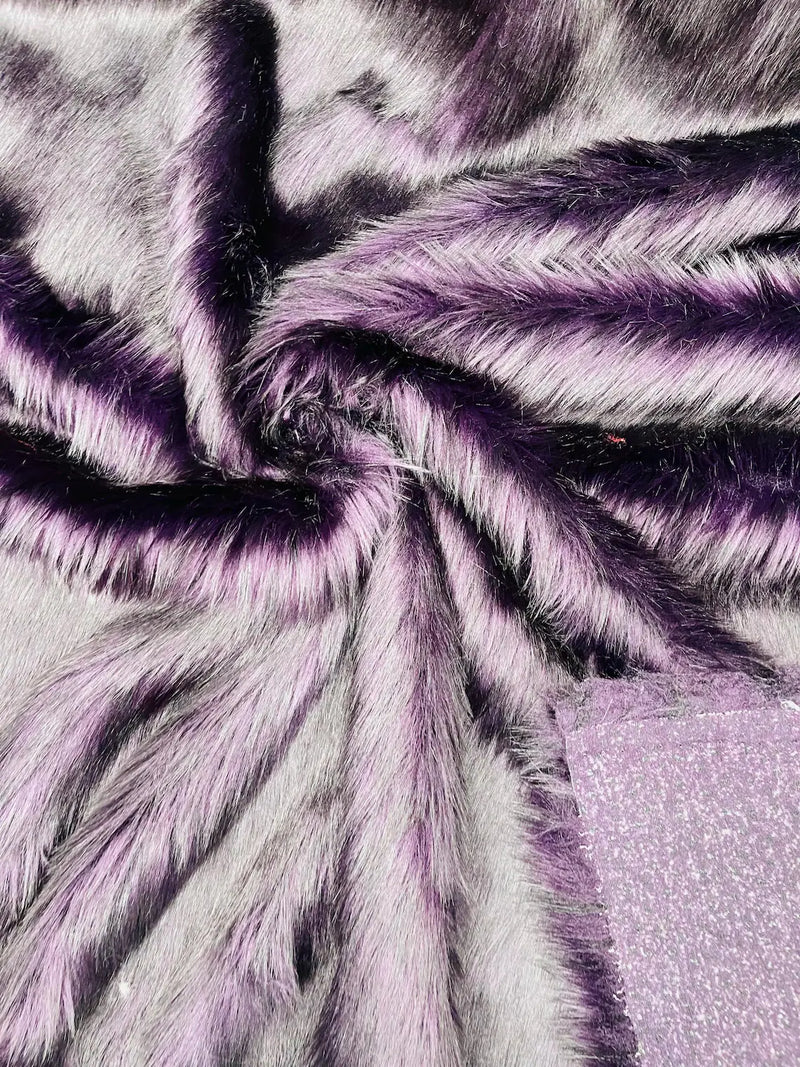 Husky Long Pile Fur Fabric - Plum / Black - Faux Husky Fur Fabric 2 Tone Shaggy Fur By Yard