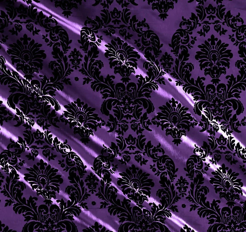 Flocked Damask Taffeta Fabric - Flocked Velvet Fancy Damask Design Taffeta Sold By Yard