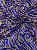 Tribal Swirl Design Spandex - Purple / Gold - 4 Way Stretch Milliskin Holographic Fabric by Yard