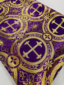 58/60" Cross Brocade Fabric - Purple / Gold - Religious Church Vestment Cross Jacquard Fabric By Yard
