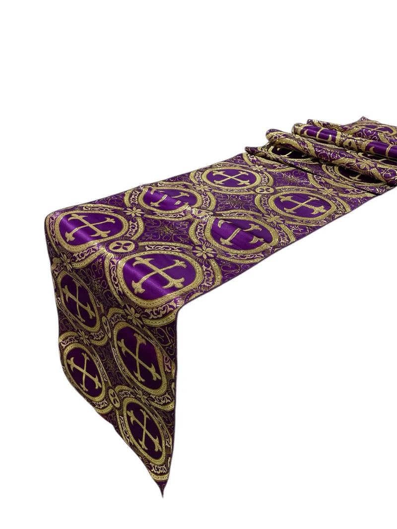 Cross Print Brocade Table Runners - Jacquard Religious Print Church Fabric Tablecloth Runners