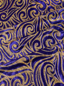 Tribal Swirl Design Spandex - Purple / Gold - 4 Way Stretch Milliskin Holographic Fabric by Yard