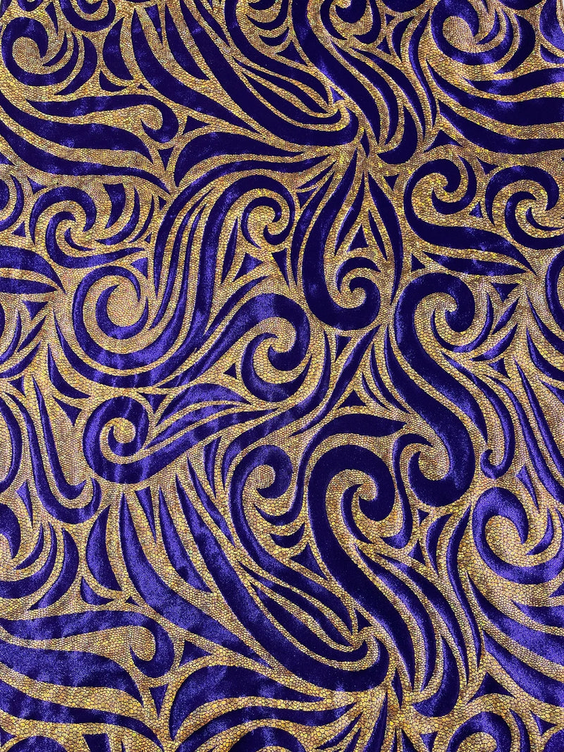 Tribal Swirl Design Spandex - Purple / Gold - 4 Way Stretch Milliskin Holographic Fabric by Yard