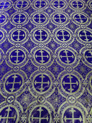 58/60" Cross Brocade Fabric - Purple / Gold - Religious Church Vestment Cross Jacquard Fabric By Yard