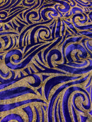 Tribal Swirl Design Spandex - Purple / Gold - 4 Way Stretch Milliskin Holographic Fabric by Yard