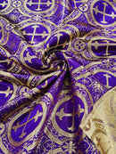 58/60" Cross Brocade Fabric - Purple / Gold - Religious Church Vestment Cross Jacquard Fabric By Yard