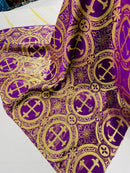 58/60" Cross Brocade Fabric - Purple / Gold - Religious Church Vestment Cross Jacquard Fabric By Yard