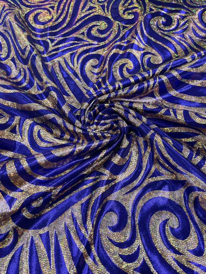 Tribal Swirl Design Spandex - Purple / Gold - 4 Way Stretch Milliskin Holographic Fabric by Yard