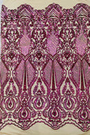 Damask Sequins Fabric - Purple / Green Iridescent - Shiny Sequin Design on 4 Way Stretch Black Mesh Fabric By Yard