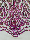 Damask Sequins Fabric - Purple / Green Iridescent - Shiny Sequin Design on 4 Way Stretch Black Mesh Fabric By Yard