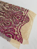 Damask Sequins Fabric - Purple / Green Iridescent - Shiny Sequin Design on 4 Way Stretch Black Mesh Fabric By Yard