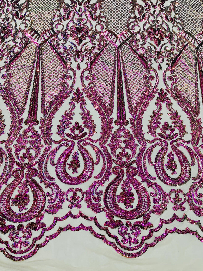 Damask Sequins Fabric - Purple / Green Iridescent - Shiny Sequin Design on 4 Way Stretch Black Mesh Fabric By Yard