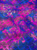 Cobra Spandex Foil Fabric - Purple / Hot Pink - Foiled Snake Cobra Design on Tie Dye Spandex Fabric By Yard