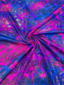 Cobra Spandex Foil Fabric - Purple / Hot Pink - Foiled Snake Cobra Design on Tie Dye Spandex Fabric By Yard